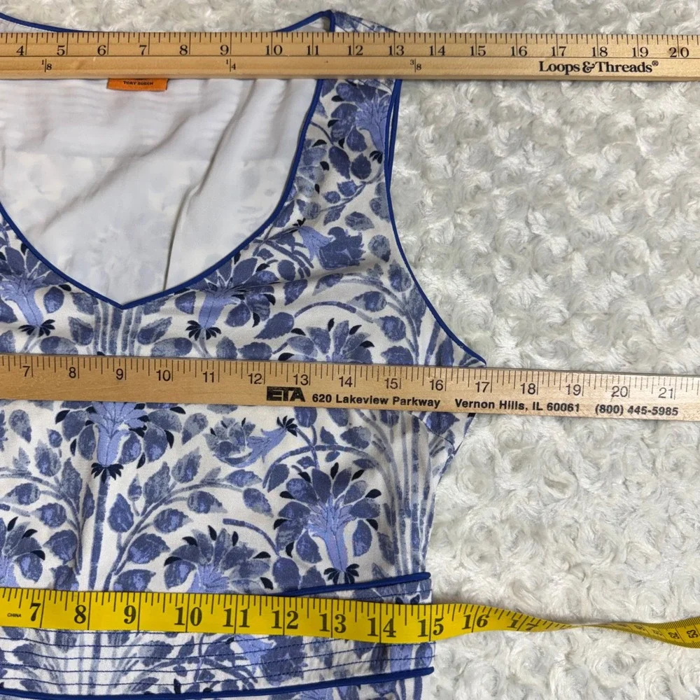 Tory Burch Blue White Floral Silk Sleeveless V-Neck Empire Waist Dress Size M